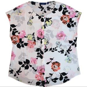 White & Bright Multicolor Floral Pattern Button Up Sleeveless Top
